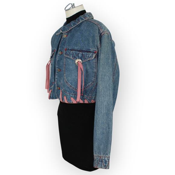 Vintage M/L HystericEtVous Crop Denim Jean Jacket Western Red Gingham Cowgirl - Picture 14 of 16